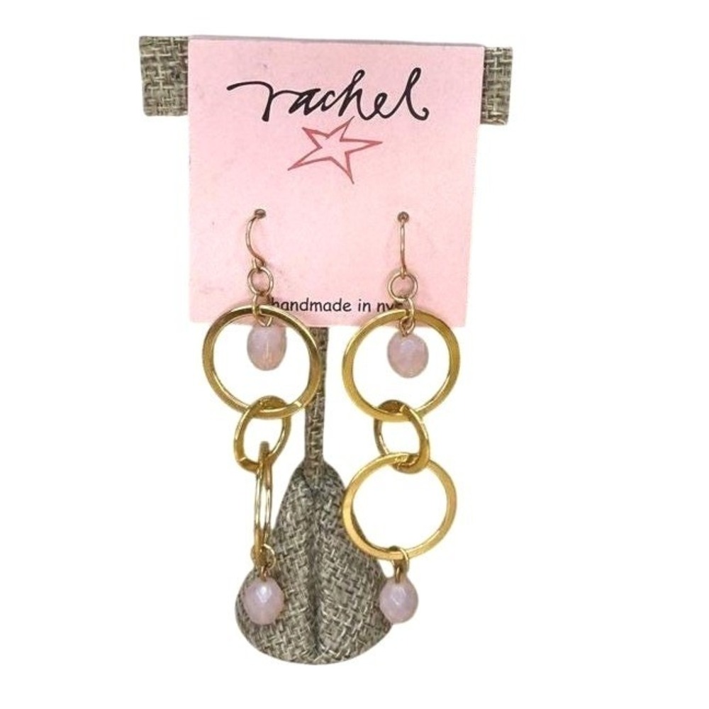 Boho Chic Gold Interlocking Hoop Pink Bead Dangle Earrings from Rachel Handmade